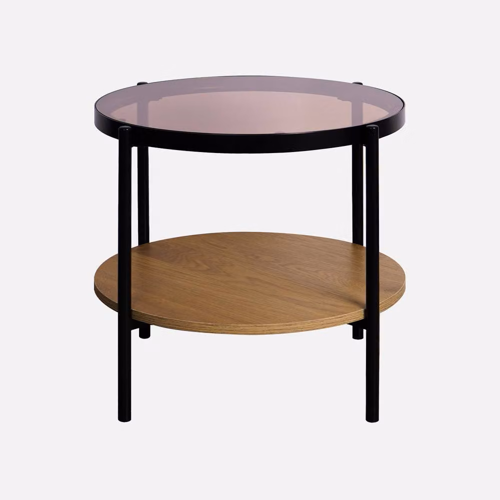 sweeek Round Side Table with Tempered Glass and Light Brown Wood Effect Finish, W/D/H: 45 x 45 x 52 cm – 2