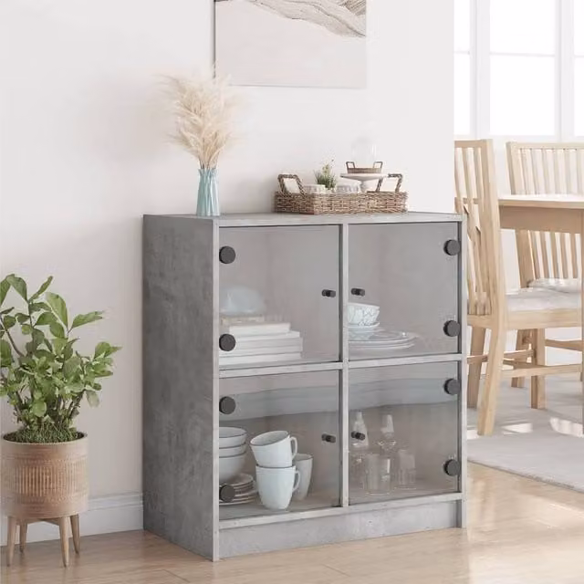 Berkfield Home Side Cabinet with Glass Doors in Concrete Grey, W: 68 cm, D: 37 cm, H: 75.5 cm