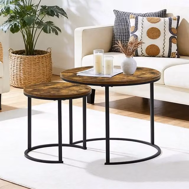 FORGEVIO Set of 2 Round Nesting Coffee Tables in Brown Wood – 1