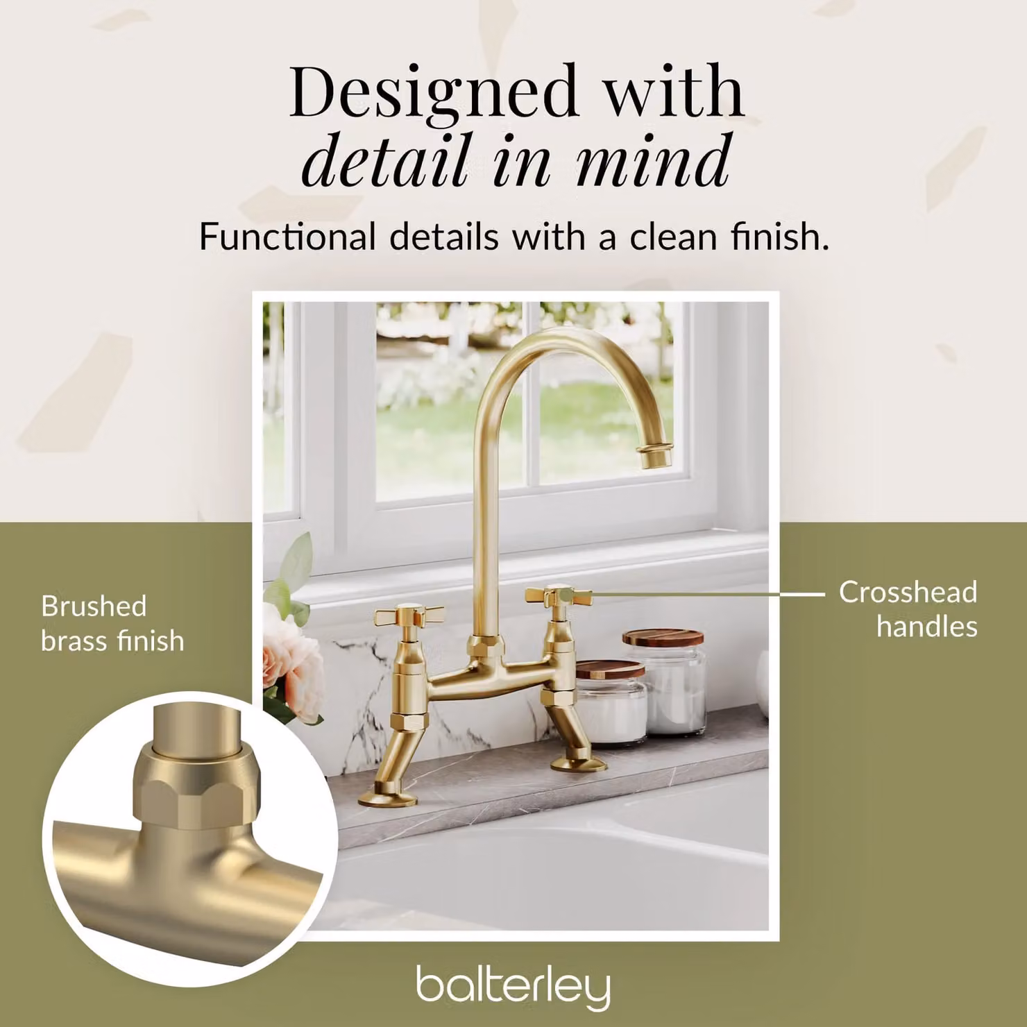 Balterley Traditional Kitchen Bridge Mixer Tap with Dual Crosshead Handles and Swivel Spout, Brushed Brass, H x W x D: 51.0 x 23.5 x 20.0 cm – 2
