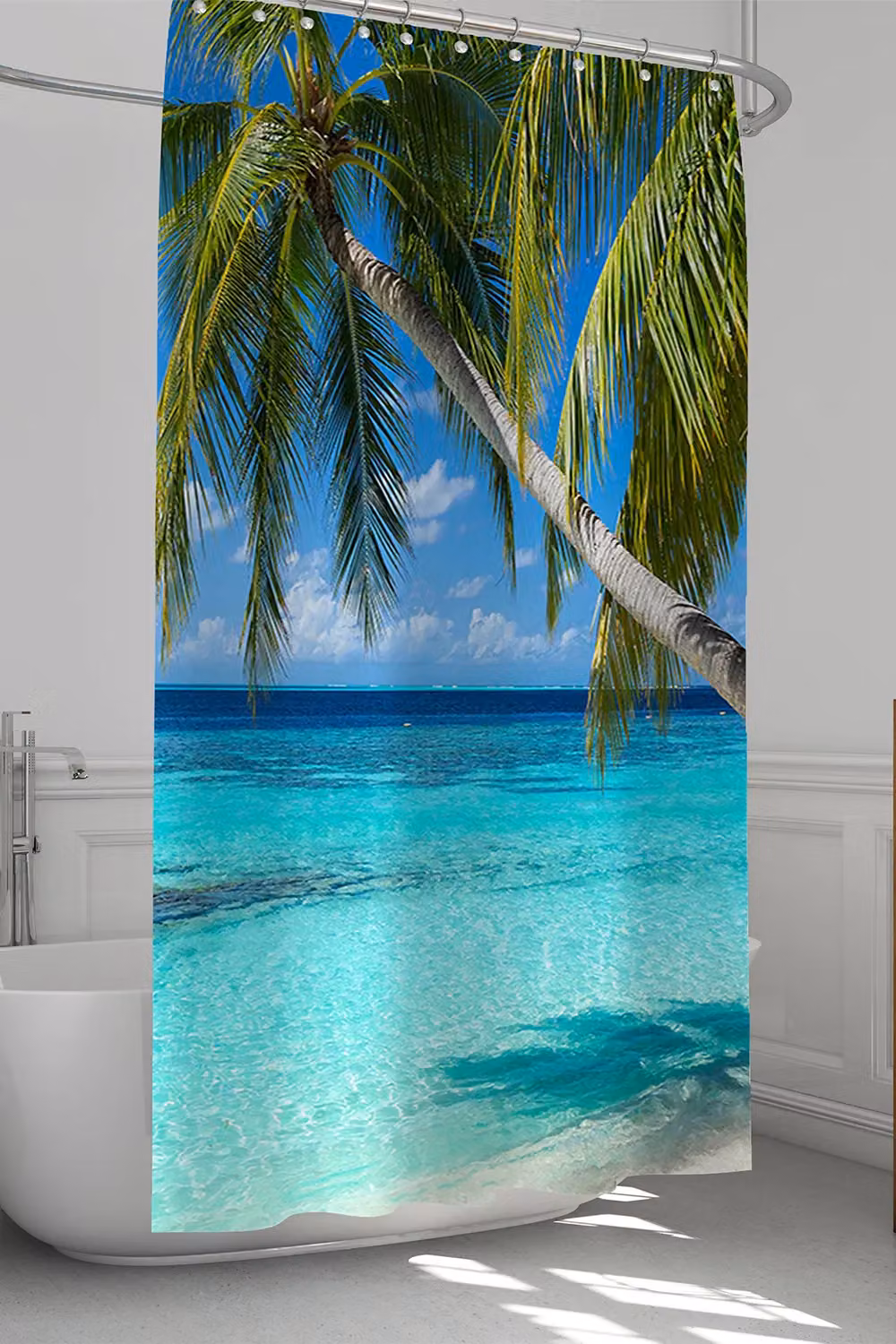 Neel Blue Beach Themed Water Resistant Polyester Shower Curtain with Hooks, Blue and Multicolour, W: 180 cm, H: 200 cm – 6