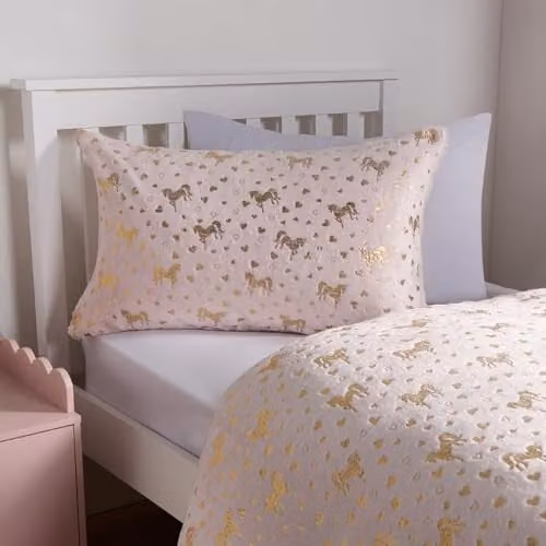 OHS Reversible Double Fleece Duvet Cover and Pillowcase Set with Metallic Heart and Unicorn Design, Pink and Gold, W/D/H: 200 x 200 cm, Pillowcases: 50 x 75 cm