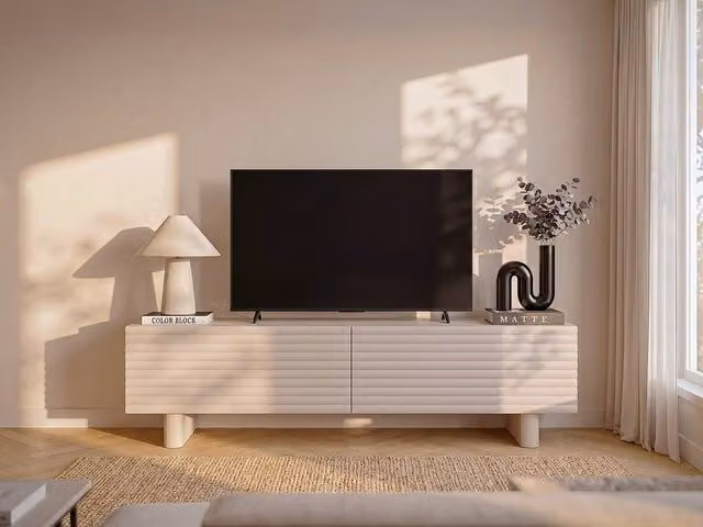 Vente-unique LUDIMA Modern MDF TV Unit with 2 Doors in Beige, W: 150 cm, H: 46.1 cm, D: 36.8 cm