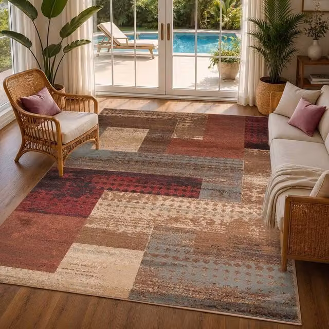 Livabliss Riley Geometric Machine Woven Wool Rug in Red, Brown and Grey, W: 160 cm, L: 230 cm