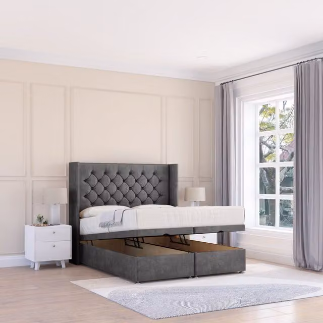 Sloomy Dior King Size Ottoman Bed with Winged Floorstanding Headboard and Hybrid Memory Mattress in Dark Grey, W/D/H: 180 x 200 cm