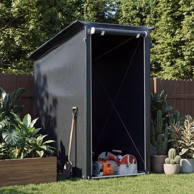 Breeins Dark Grey Metal Outdoor Garden Storage Pent Shelter with Window and Roll-Up Zip Door W/D/H: 152.4 x 91.44 x 152.4 cm