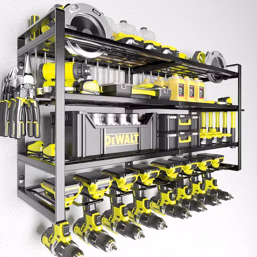 VOGREX Black Metal Wall Mounted Power Tool Organizer and 8 Drill Holder Storage Rack – 6