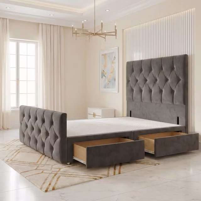 Somnior Beds Ltd Chesterfield Velvet Divan Bed Base with Drawers and Upholstered Headboard in Grey, W/D/H: 140 x 200 x 34.5 cm