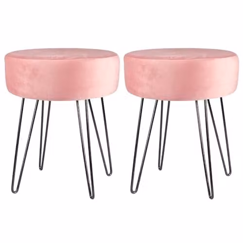 Harbour Housewares Pack of 2 Pink Velvet Round Footstools with Black Legs, H41 x D45 cm