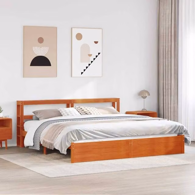 Berkfield Home Solid Pine Wood Bed Frame with Headboard and Side Compartments, Wax Brown, 200 x 200 cm – 1