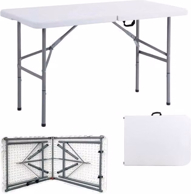 Kelvenix White Foldable Rectangular Table with Plastic Top and Metal Legs – 1