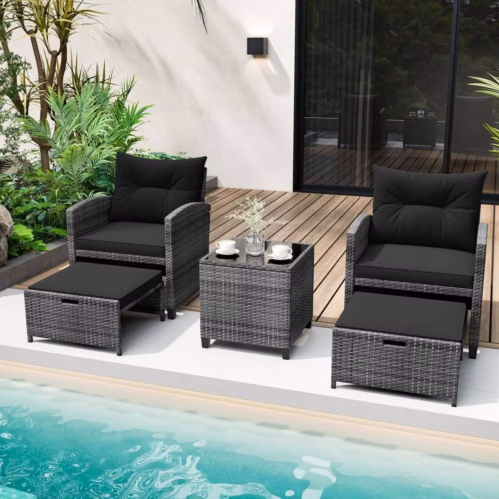 Costway 5-Piece Black Polyrattan Patio Furniture Set with Upholstered Lounge Armchairs and Ottomans – 3