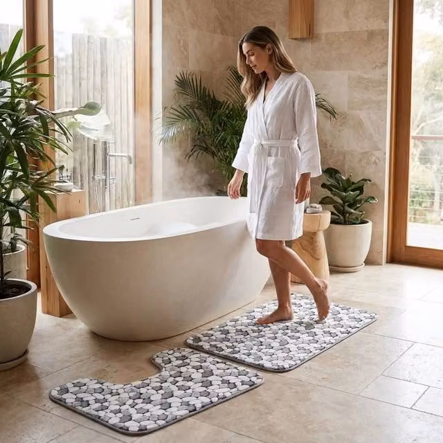 FLAVORA 2-Piece Pebble Stone Memory Foam Bath Mat and WC Pedestal Mat Set in Grey, W/D/H: 180 x 80 x 80 cm