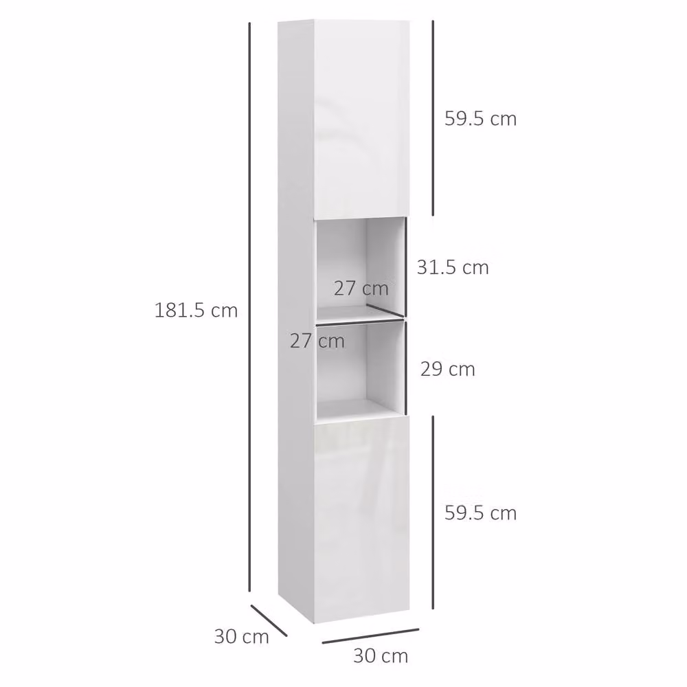 ERGOVEXA Multi-Storage Slim White Glossy Bathroom Cabinet with Hinged Doors and Internal Shelves, H: 181.5 cm, W: 30 cm, D: 30 cm – 2