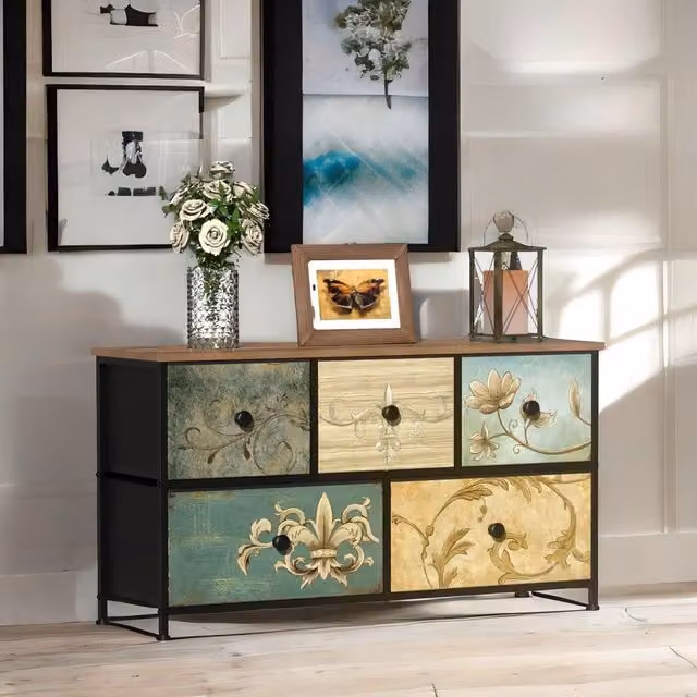 FURNOS 5 Drawer Fabric Bedroom Dresser with Floral Pattern in Brown and Multicolour, W/D/H: 76 x 30 x 54 cm