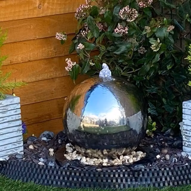 Tranquillity Water Features Grey Stainless Steel Sphere Modern Metal Cascade Water Feature, W/D/H: 30 x 30 x 30 cm