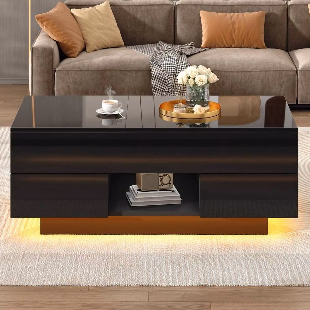 KORVIXA High Gloss LED Lift Top Coffee Table in Black, W: 100 cm, D: 43 cm, H: 50 cm – 3