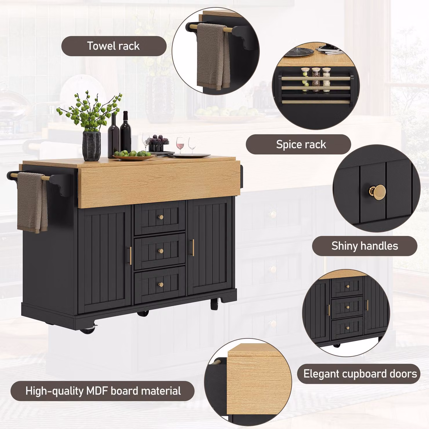 Aosom UK Extendable Kitchen Island Trolley Cabinet with 3 Drawers and Adjustable Shelves, Black, W: 40-80 cm, D: 120 cm, H: 95 cm – 5