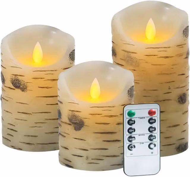 VOGREX Set of 3 White Real Wax Pillar LED Candles with Flickering Effect and Remote Control