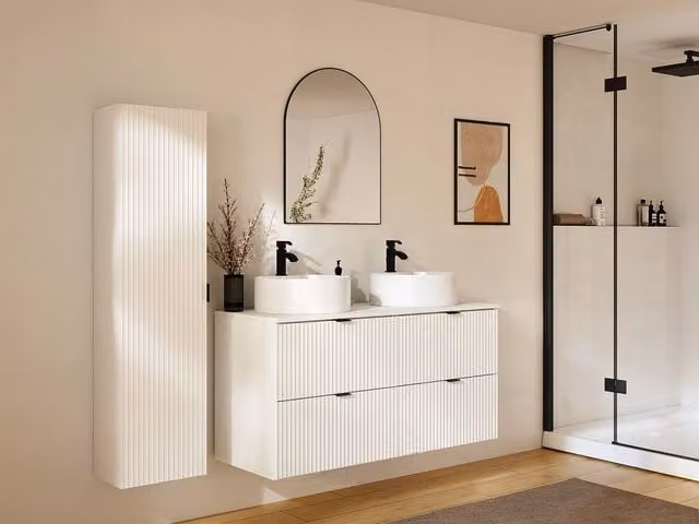 ZEVINI White Striped Suspended Bathroom Vanity Unit with Matt Ceramic Round Countertop Basin W/D/H: 60 x 47 x 60 cm – 1