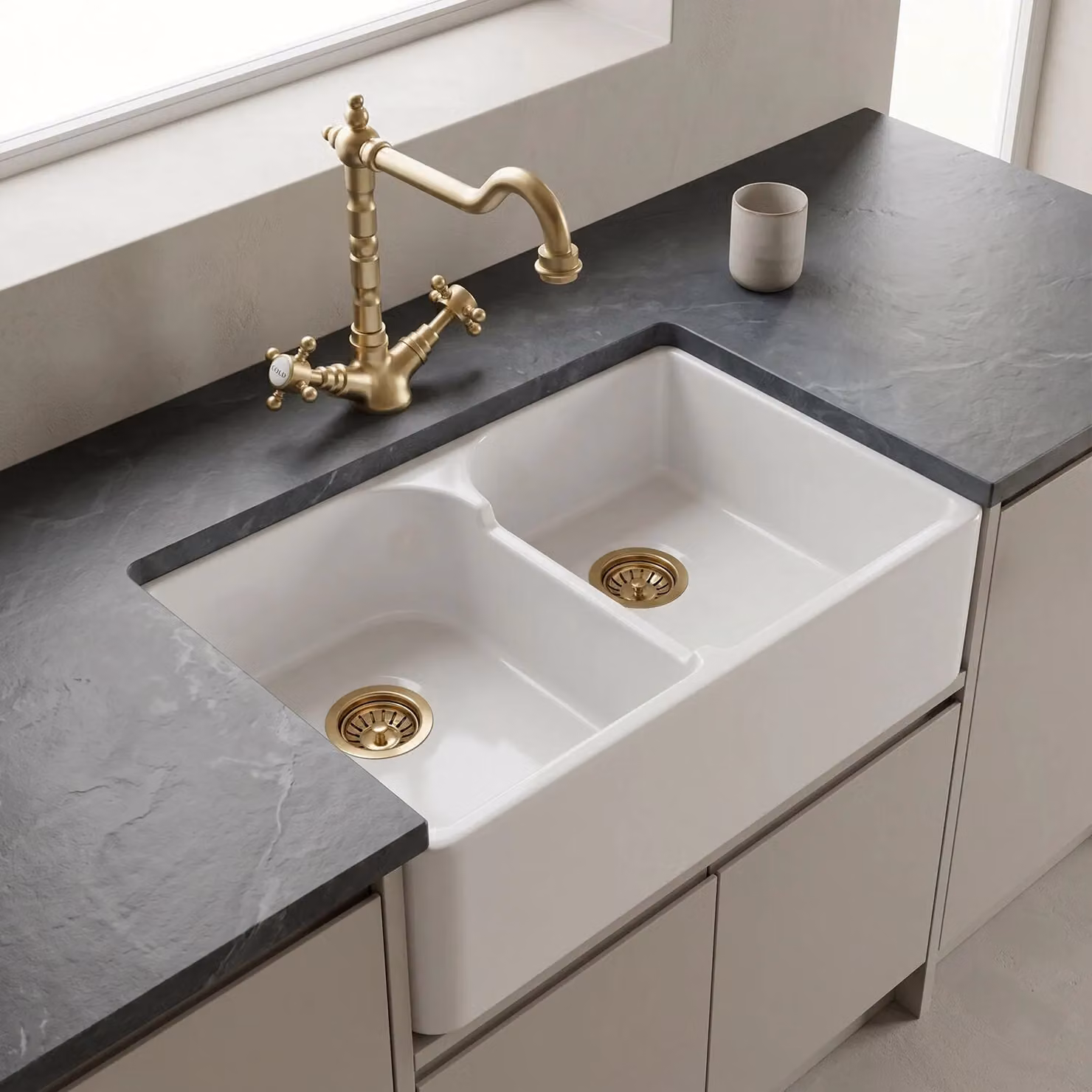 Balterley White Ceramic 2 Bowl Stepped Weir Butler Sink with Brushed Brass Wastes and Tap, Width: 795 mm – 4