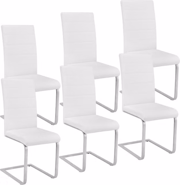 tectake Set of 6 Modern White Cantilevered Dining Chairs with Synthetic Leather and Metal Base