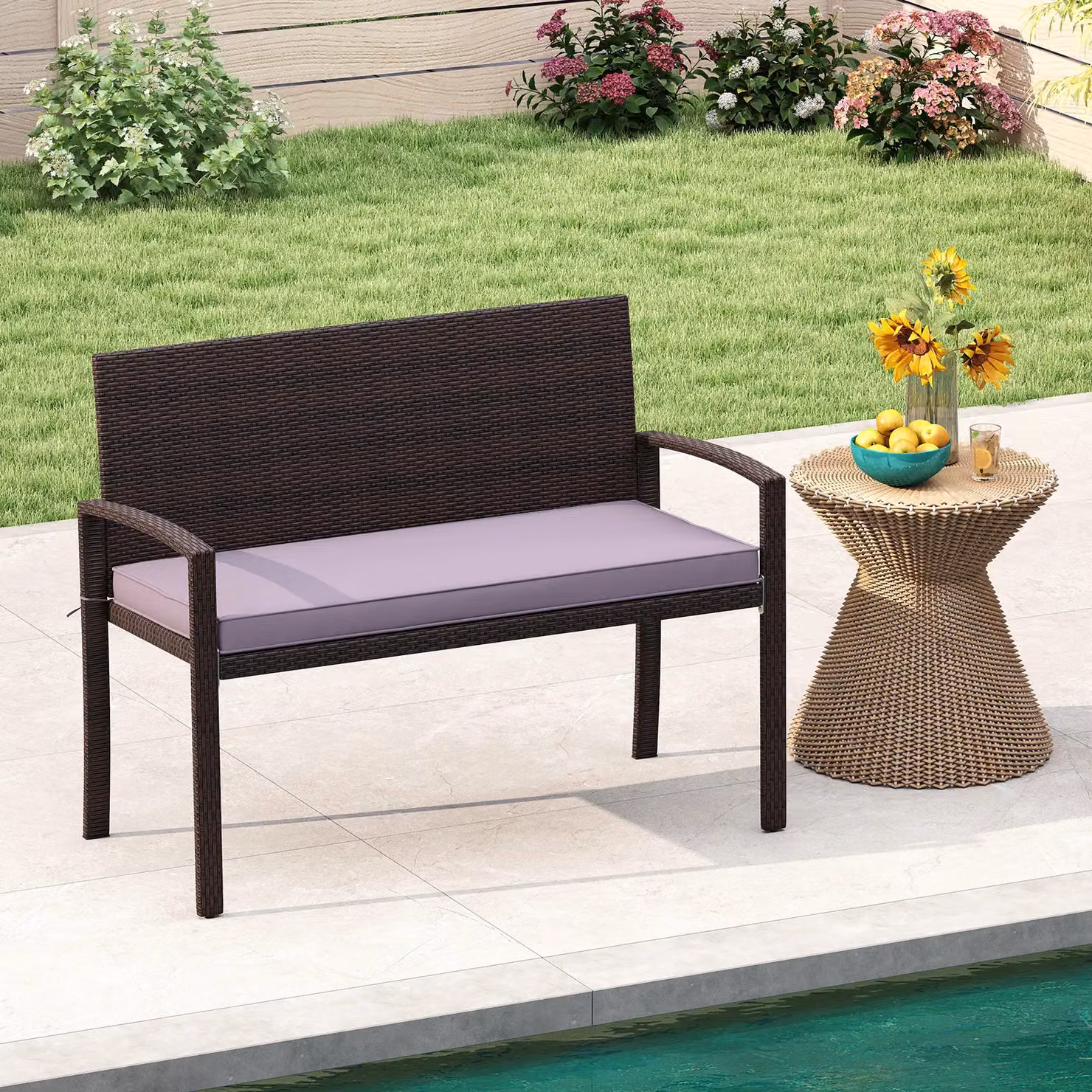 Costway Grey Rattan 2-Seat Patio Loveseat Wicker Bench with Soft Cushions – 9
