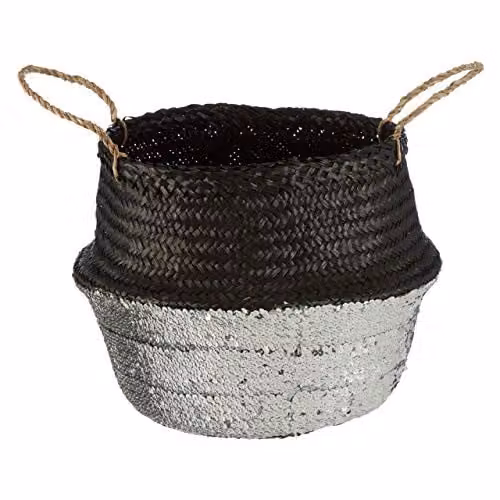 Orsina Black and Silver Seagrass Storage Basket with Handles, W/D/H: 35 x 35 x 32 cm – 1