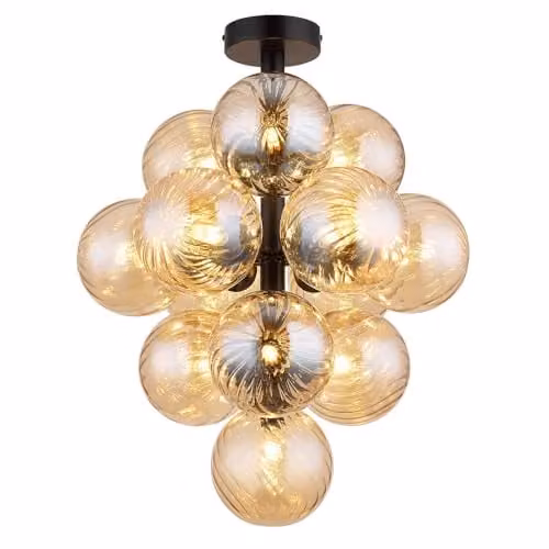 Netlighting Conor Globe Ceiling Light with Amber Glass Spheres and Black Metal Finish, 9x G9 Bulbs, Diameter: 39.5 cm – 1