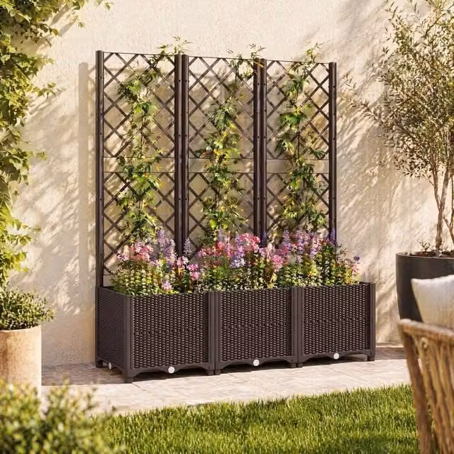 STILVORA Raised Garden Bed with Trellis in Brown, W/D/H: 120 x 120 x 38 cm – 1