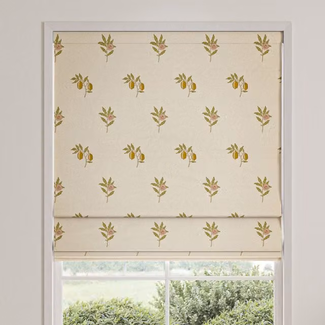 William Morris Fruit Embroidery Made To Measure Blackout Roman Blind in Moss Green and Multicolour Floral Design