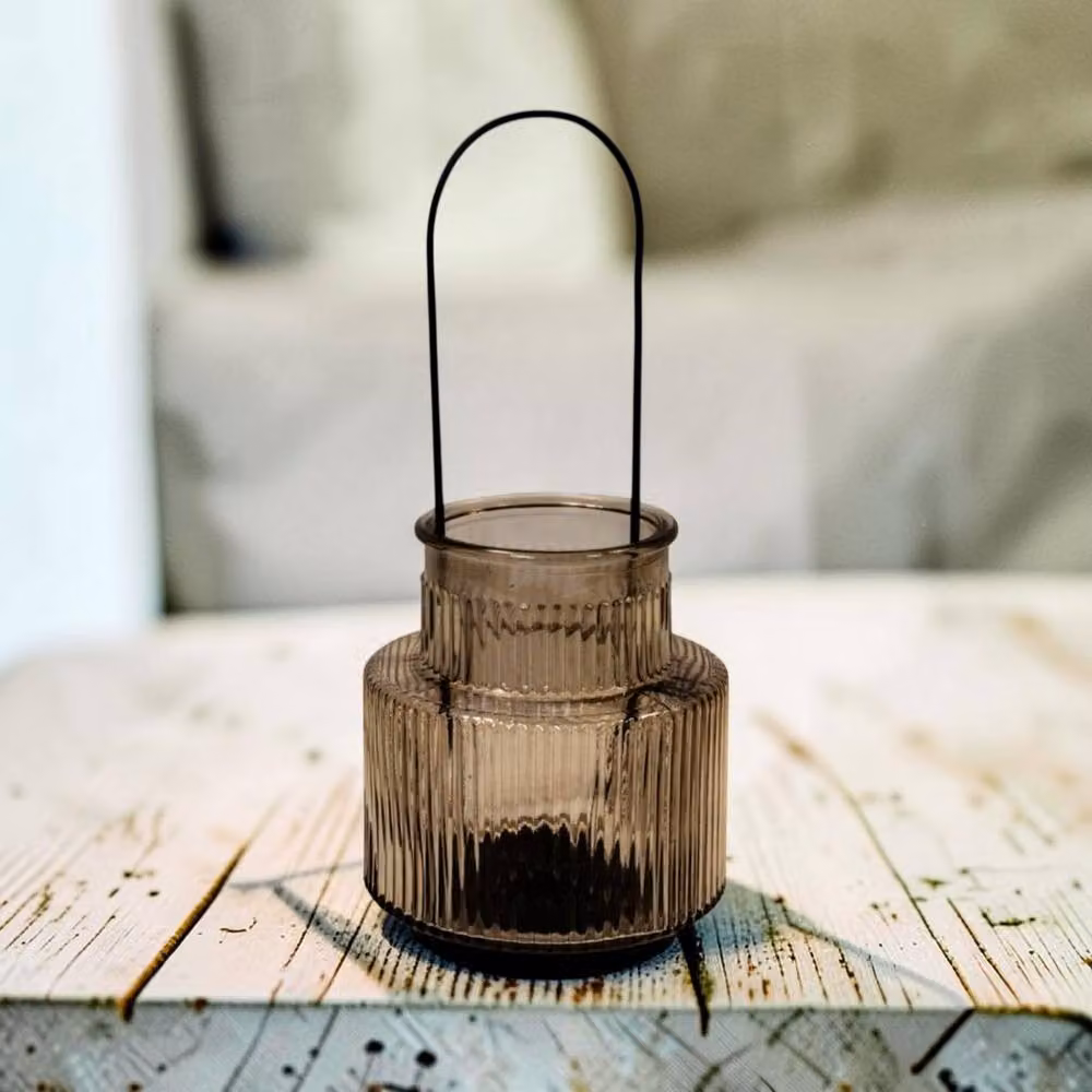 Four Candle Smokey Brown Large Round Glass Pillar Candle Holder with Handle – 2