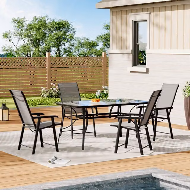 Livingandhome Modern Black Outdoor Bistro Set with Rectangular Glass Table and 4 Folding Chairs