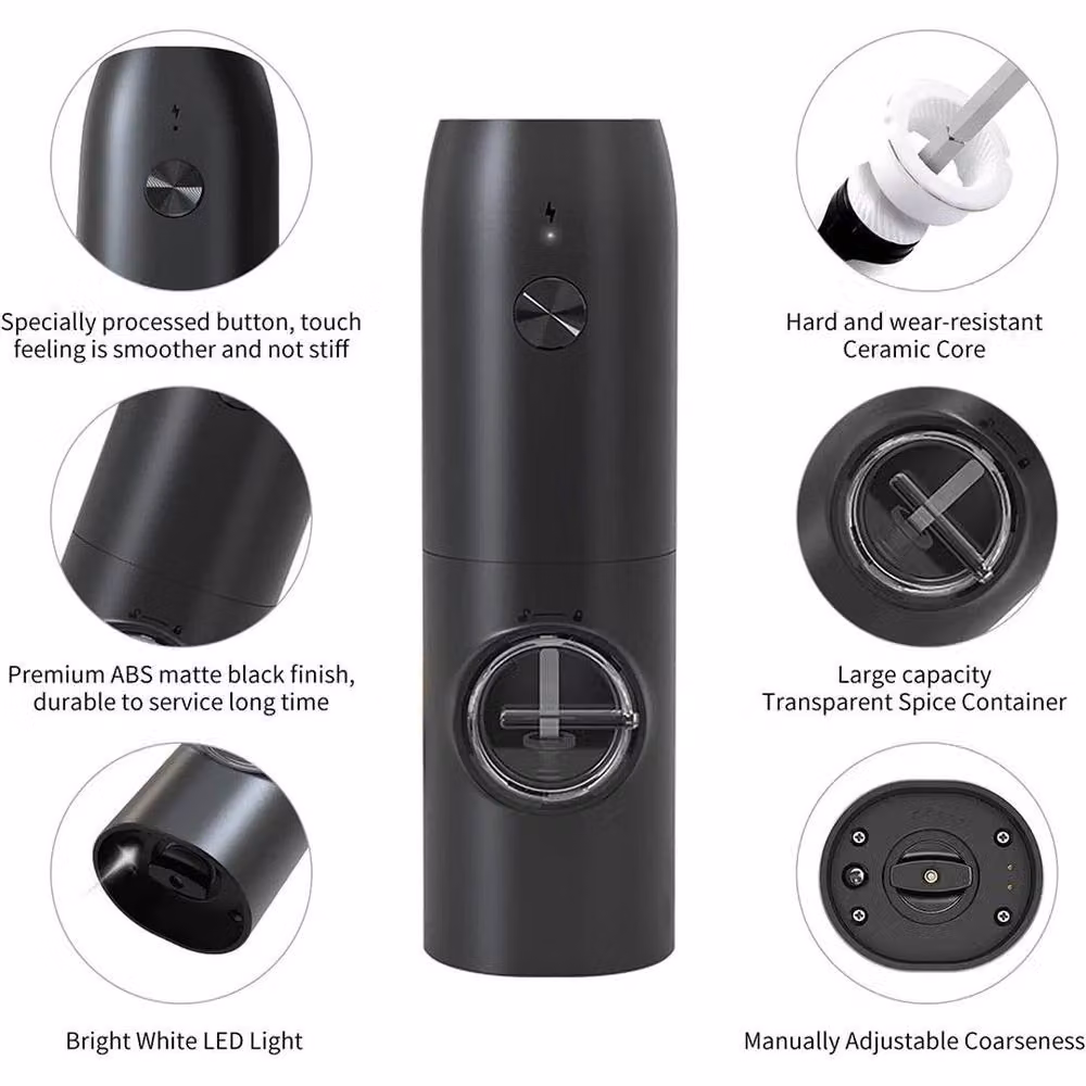 Kelvenix 2-Piece Automatic USB Rechargeable Electric Pepper and Salt Grinder Set in Black and Transparent with Ceramic Mechanism – 4