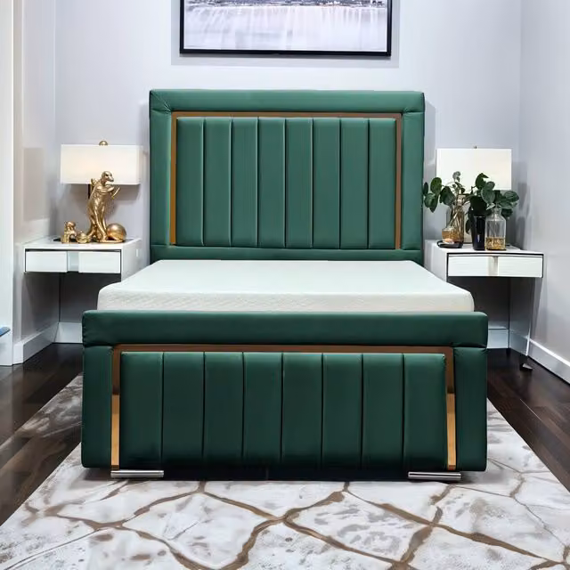 UK Bed Furniture Princess Upholstered Velvet Slatted Base Bed in Green, Size: 200 x 200 cm