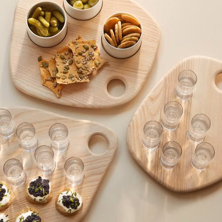 LSA 6-Piece Transparent Glass Shot Glass Set with Round Solid Wood Serving Tray and Handles