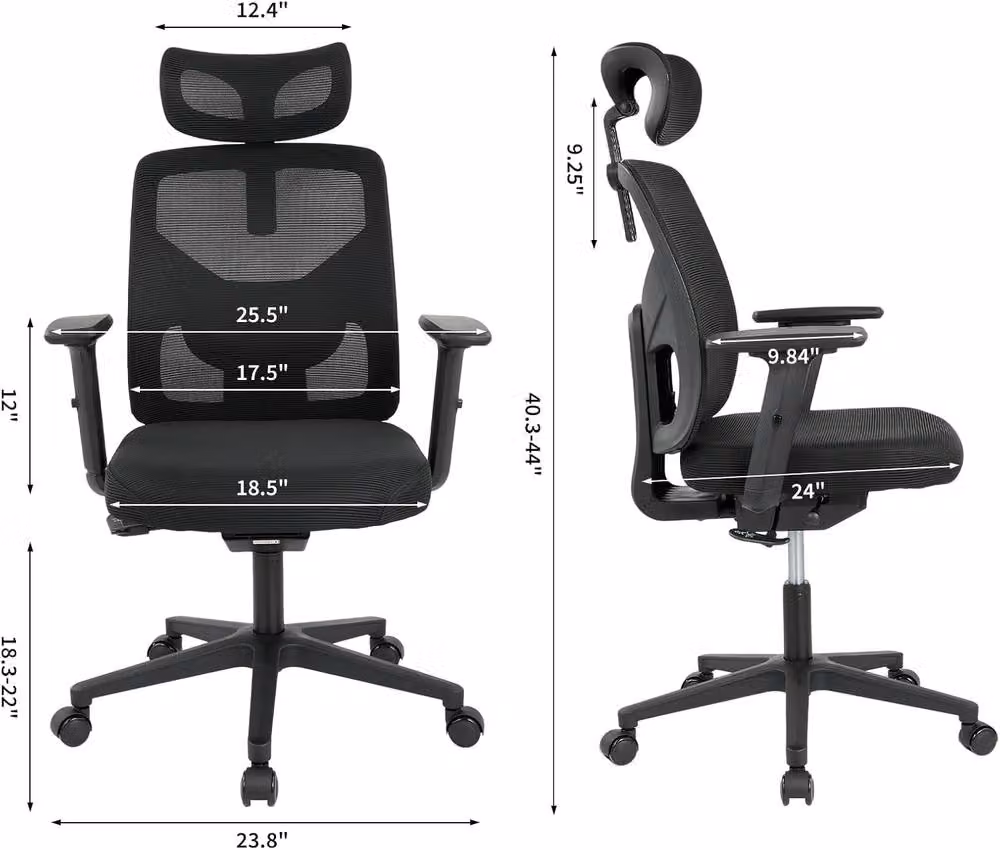 London Boutique Black Fabric Mesh Office Task Chair with Headrest and 360 Degree Swivel – 2