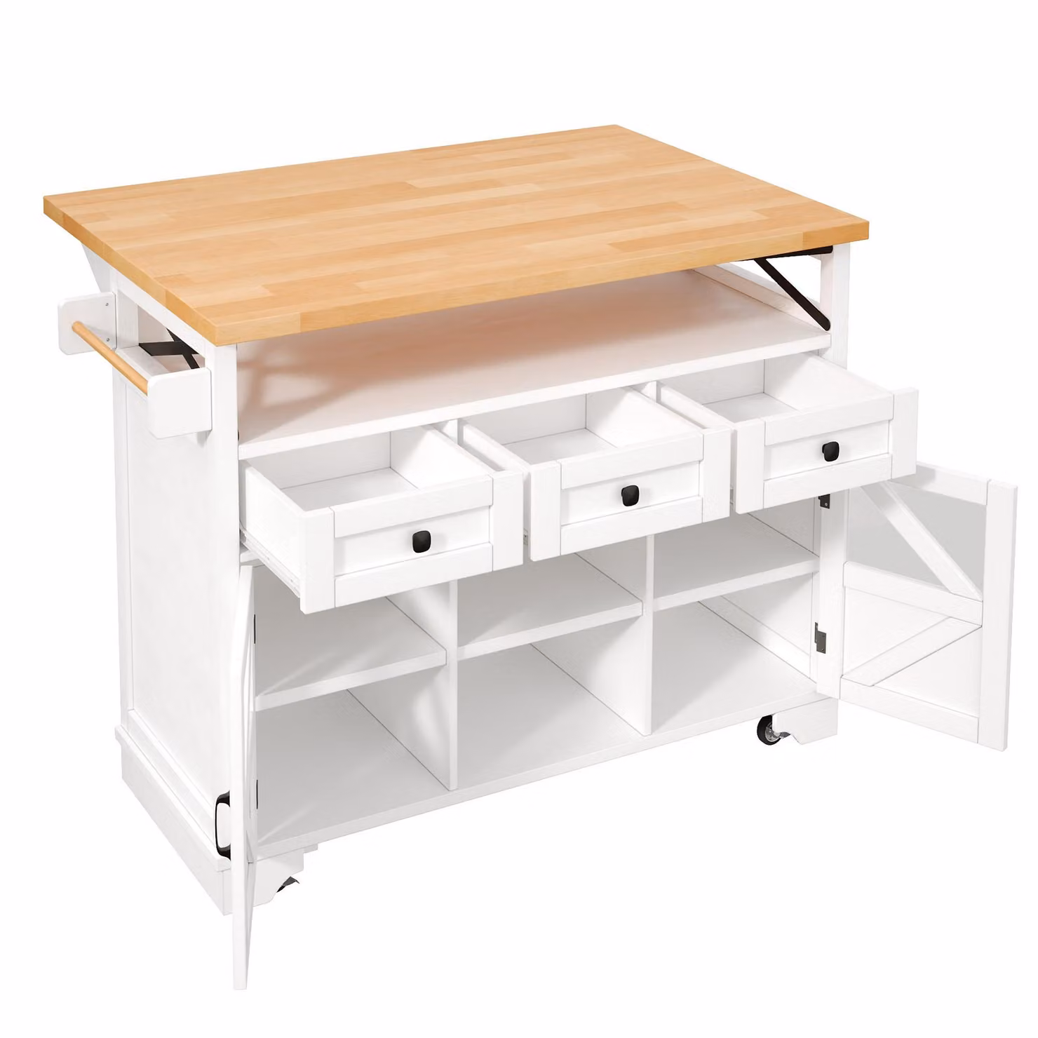 Aosom UK Multifunctional White Kitchen Cart with 3 Drawers, 2 Glass-Front Doors and Drop-Leaf Table, W: 71 cm, D: 71 cm, H: 98 cm – 2