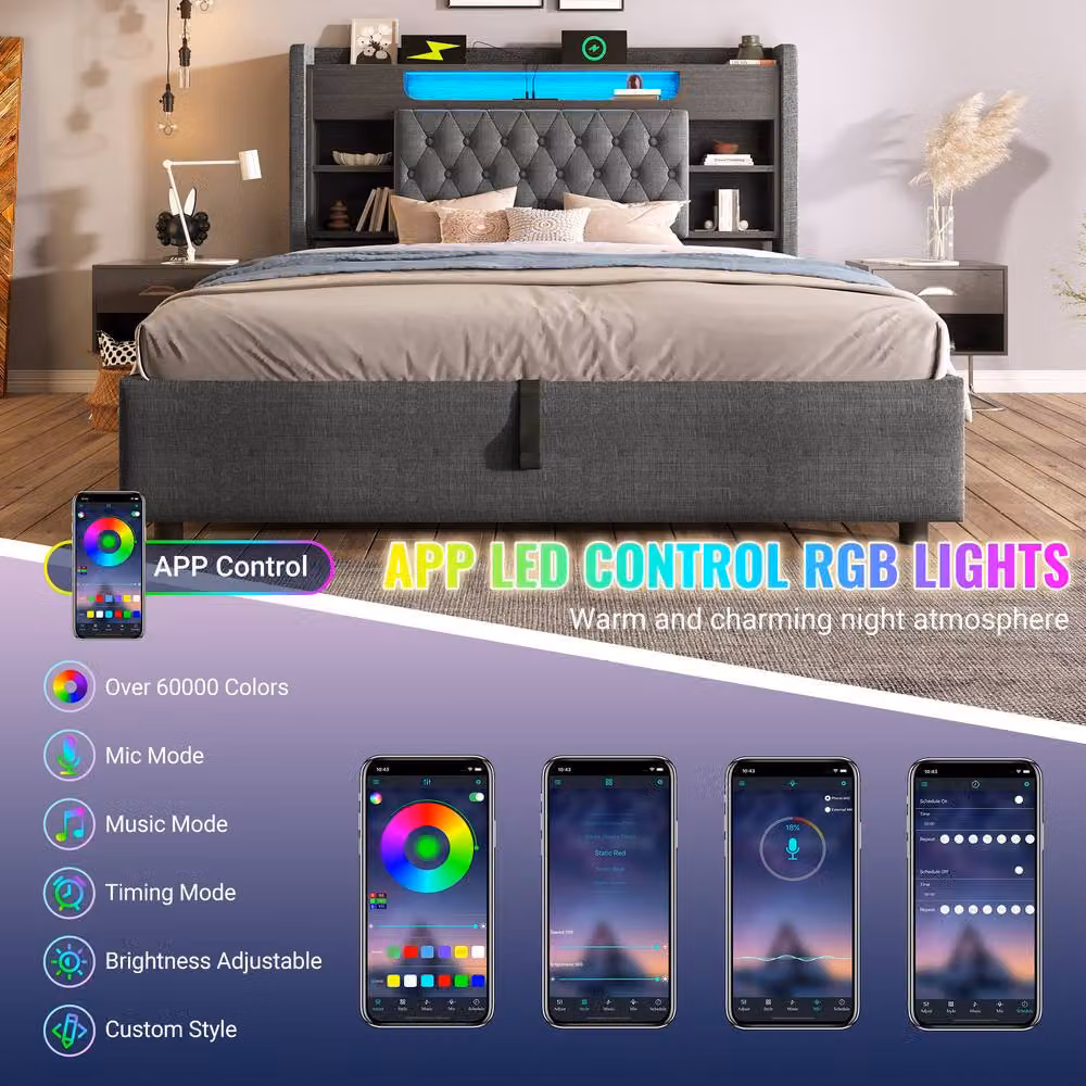 BTM Grey Upholstered King Size Ottoman Bed Frame with LED Lighting and USB Charging Ports – 5
