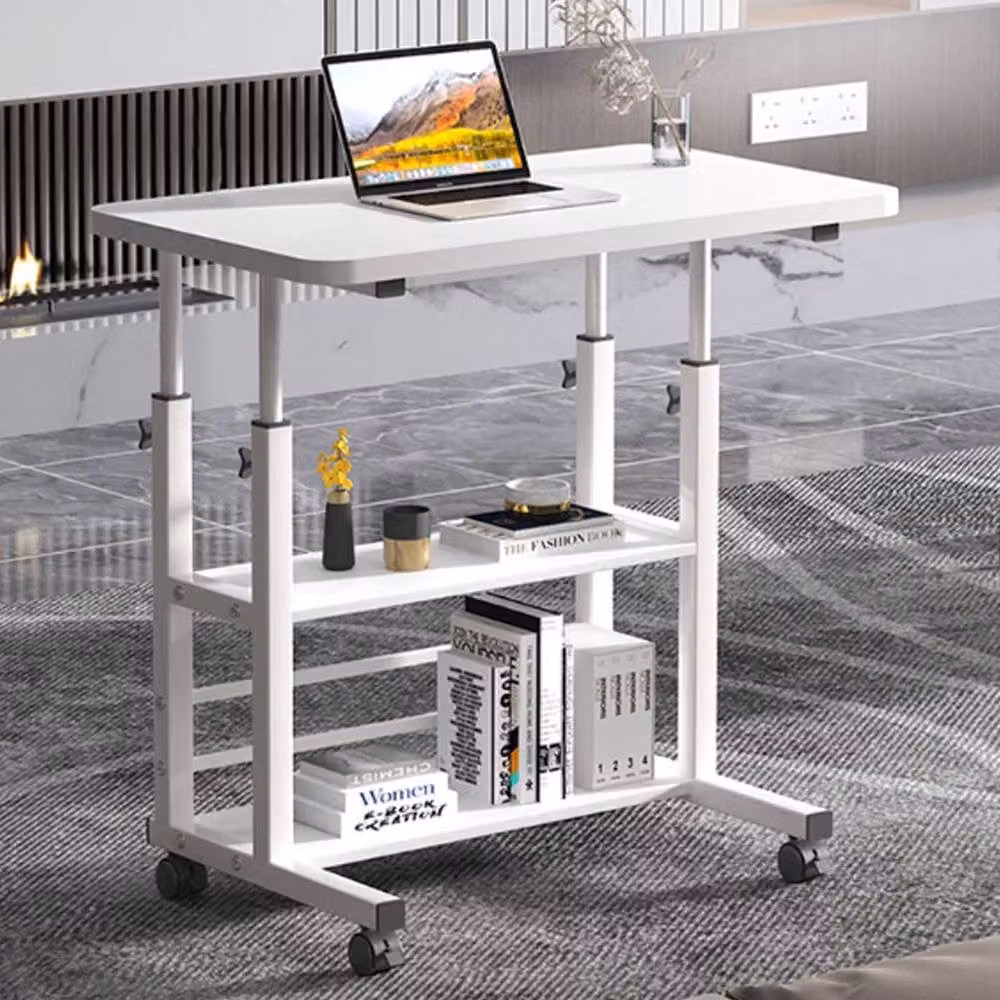 Living and Home 3-Tier Height Adjustable Mobile Overbed Desk with Shelves and Castors in White – 2