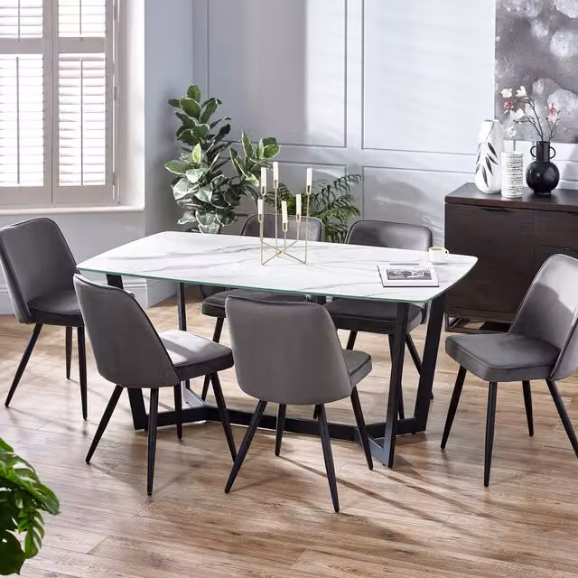 Julian Bowen Olympus Rectangular Glass Dining Table and Burgess Chairs Set in White, Grey and Black