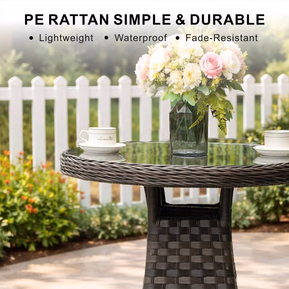 Direct Wicker Brown Rattan Bistro Set with Round Glass Top Table and 2 Armchairs – 2