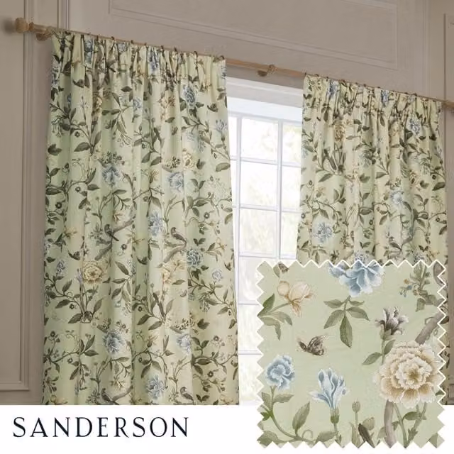 Sanderson Porcelain Garden Floral Printed Chenille Pencil Pleat Curtains in Green, Width: 168 cm, Drop: 183 cm