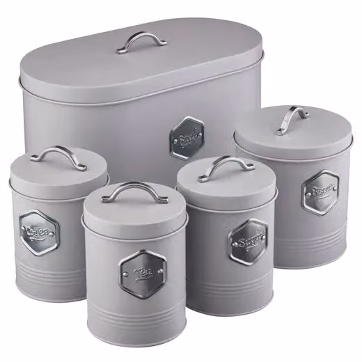 Cooks Professional 5 Piece Airtight Grey and Silver Metal Storage Canister Set for Bread, Biscuits, Tea, Coffee and Sugar – 3