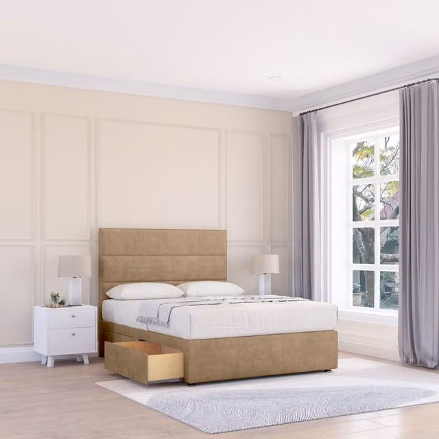 Sloomy Texas Double Divan Bed Base with 2 Drawers and Floor Standing Headboard in Light Brown, W/D/H: 140 x 200 cm