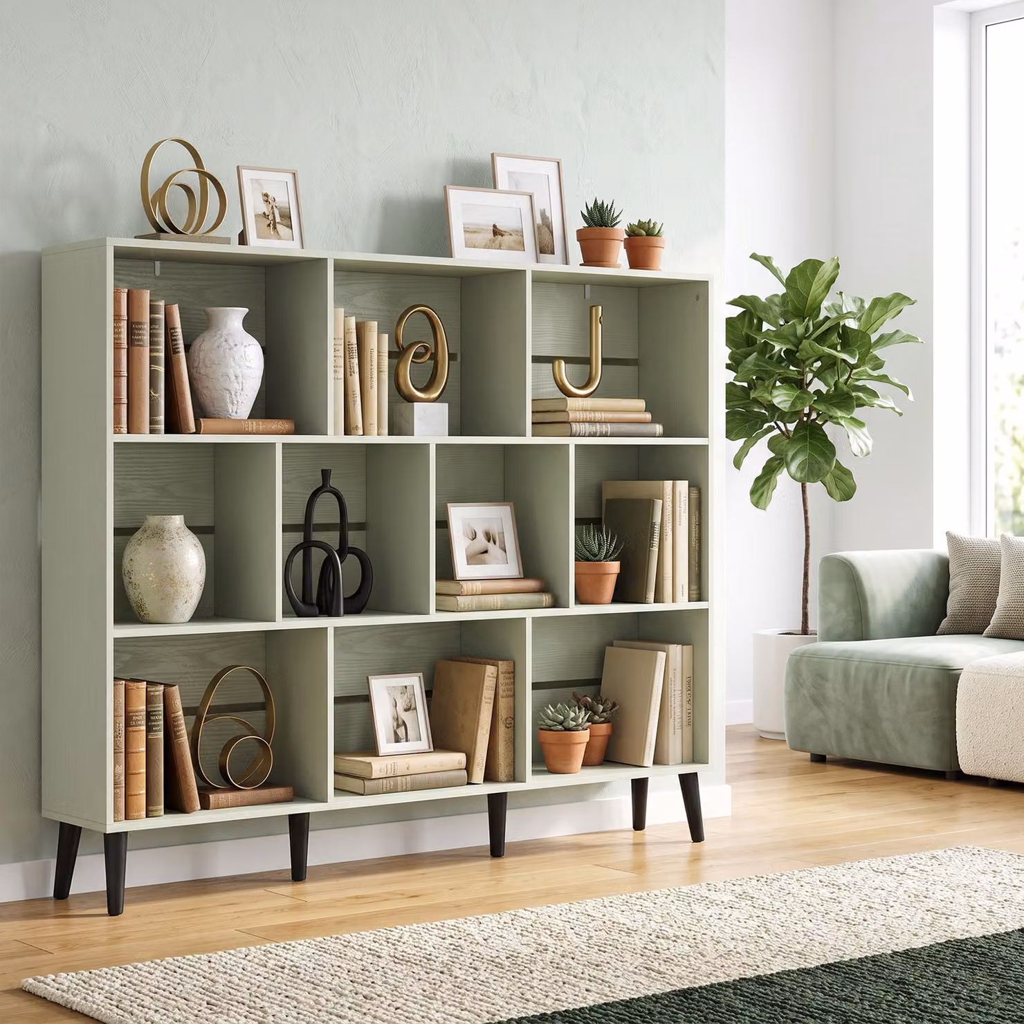 HOMCOM 10-Cube Modern 3-Tier Bookcase with Solid Wood Legs in Light Green, H 140 cm – 2