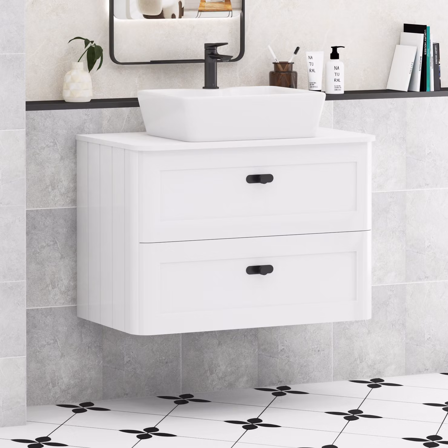 Royal Bathrooms Henley 800mm Gloss White Wall Hung Vanity Unit with 2 Drawers, Plain White Worktop, Cube Basin and Matt Black Knob
