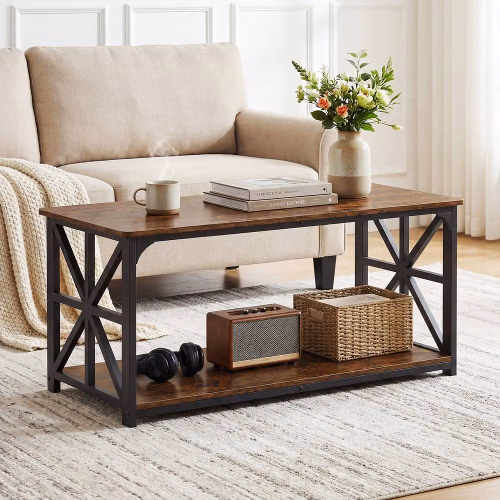 Gymax Industrial Farmhouse Coffee Table with 2-Tier Open Storage Shelf, Brown – 6