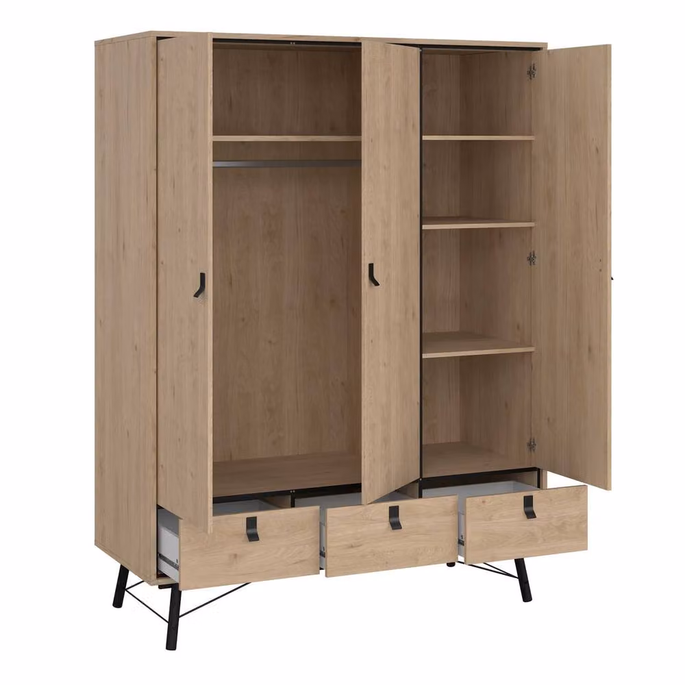 Wyld Haus Juno Oak Bedroom Set with 3 Door Wardrobe and 3 Drawers in Brown and Beige – 3