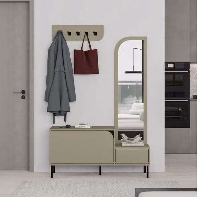 Decortie Mila Hall Tree with Mirror, Coat Stand and 2 Door Shoe Cabinet, Ash Green, Height: 172 cm